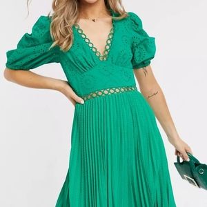 ASOS broderie pleated midi tea dress with puff sleeve,  emerald green sz 10